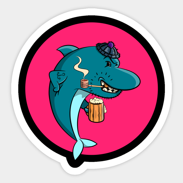 Dolphin with Beer and Pipe Sticker by schlag.art